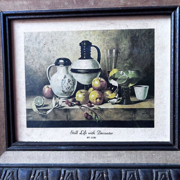 Vintage Framed Wall Art – “Still Life with Decanter” – 1970s European Fruit Bowl - Picture 5 of 13